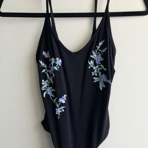 Flower embroidered, black bodysuit!